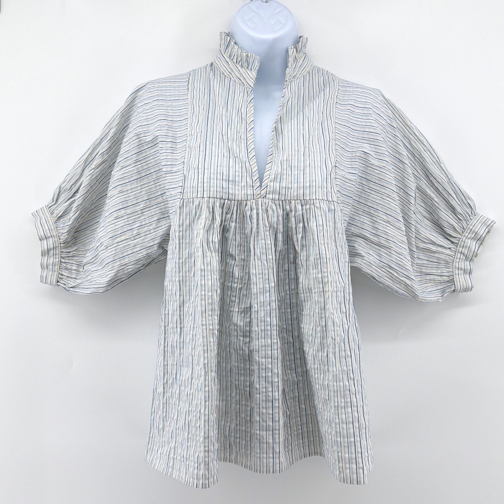 Never A Wallflower Blue Stripe Ruffle Neck Split V Babydoll Blouse Top Small S